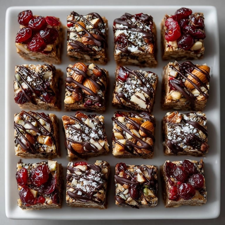 These delicious Cherry-Coded Dark Chocolate Cranberry Energy Squares feature visible dried fruit and crunchy nuts.