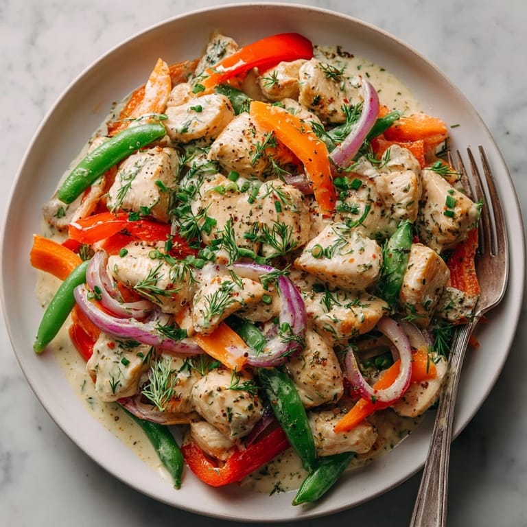 Close-up of a creamy dill ranch sauce coating the delicious 20-Minute Dill Ranch Chicken Stir-Fry.