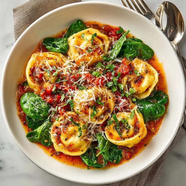 This photo offers a view of a delicious One-Pot Creamy Tomato Tortellini dish, ready to be served.