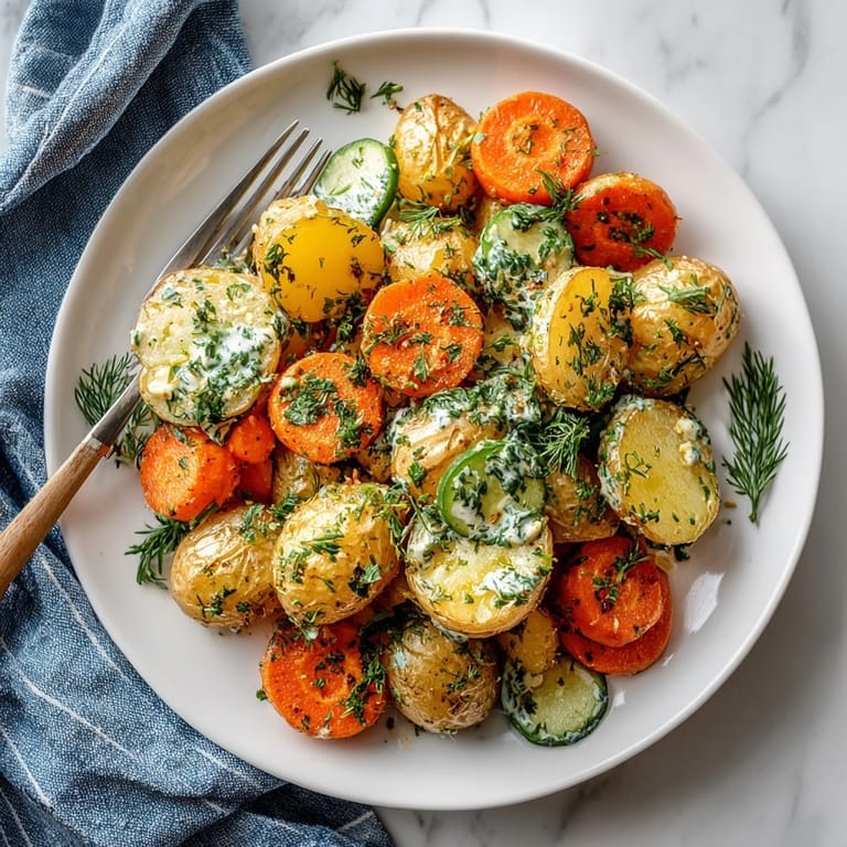 Tender, crispy sheet-pan dill pickle ranch potatoes & carrots with fresh dill garnish, a simple and delicious side.