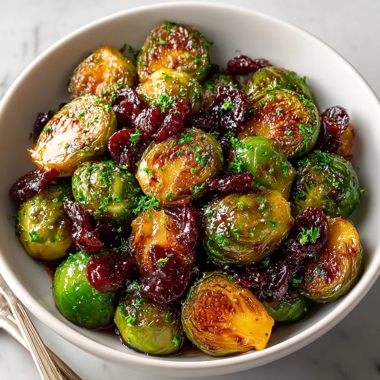 Close-up of Cherry-Coded Cranberry-Glazed Brussels Sprouts, showing the crispy edges, glistening glaze, and fresh parsley garnish.