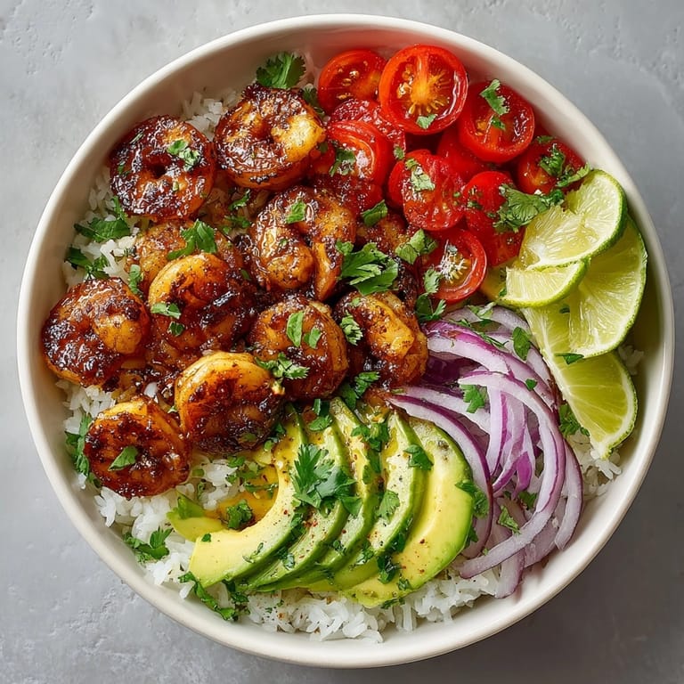 A delicious image of the finished 25-minute cherry chipotle shrimp rice bowls, garnished with fresh cilantro and lime.
