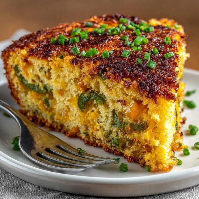 A flavorful, close-up shot of a moist Pickle-Fix Jalapeño Cornbread Skillet with visible jalapeños.