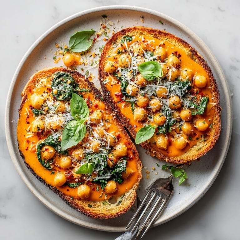 Golden sourdough toast piled high with flavorful creamy Tuscan Chickpeas, ready for a vegetarian feast.