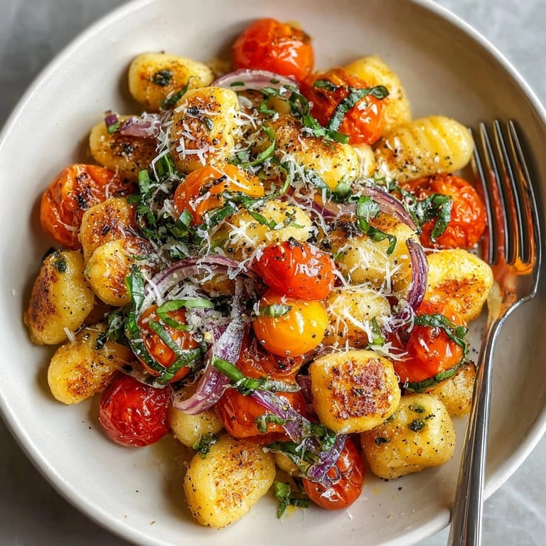 Easy 20-Minute Cherry Tomato Basil Gnocchi recipe with sweet cherry tomatoes and fragrant basil creating Italian delight.