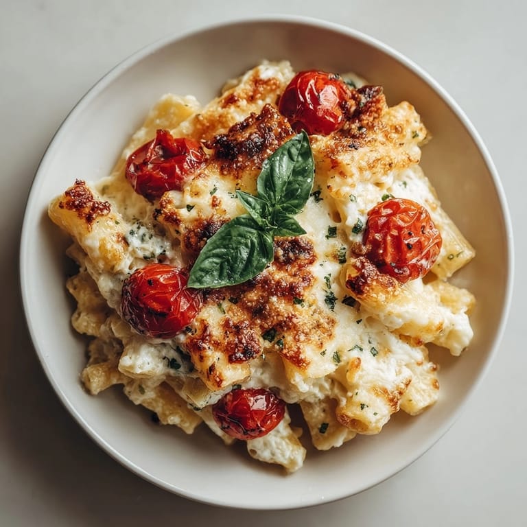 A close-up showcases the perfectly cooked weeknight baked ziti, smothered in rich tomato sauce.