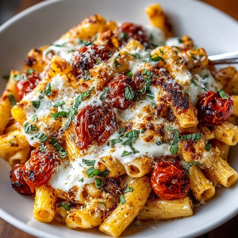 Warm, cheesy weeknight baked ziti, ready to be devoured, with vibrant red tomato and bubbling cheese.