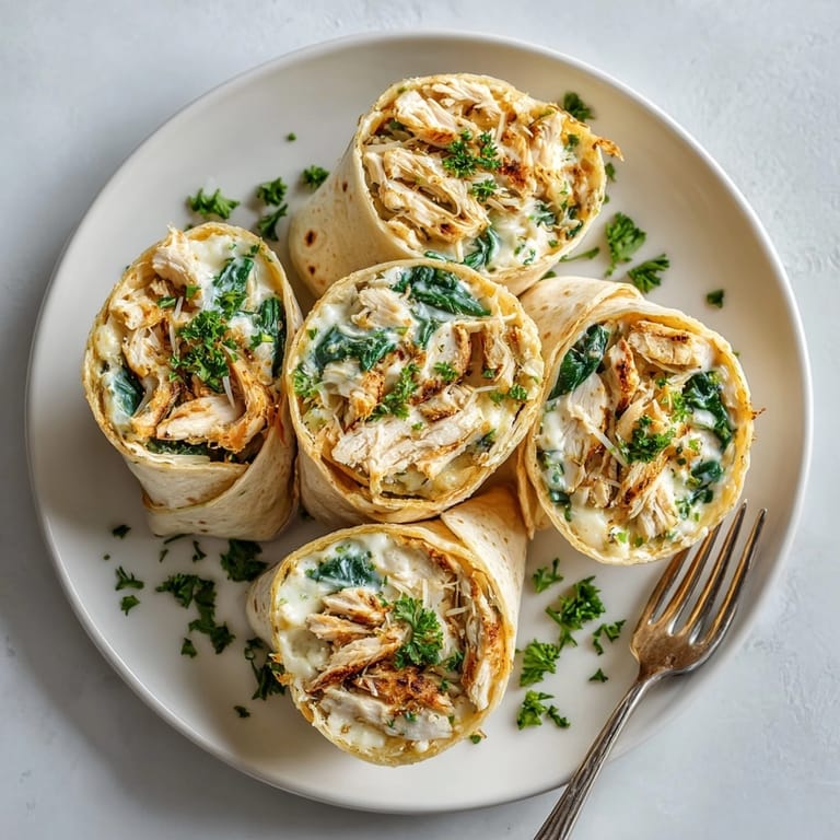 Golden, pan-seared Comfort Food Chicken Alfredo Wraps, boasting a delicious combo of soft tortilla and creamy goodness.