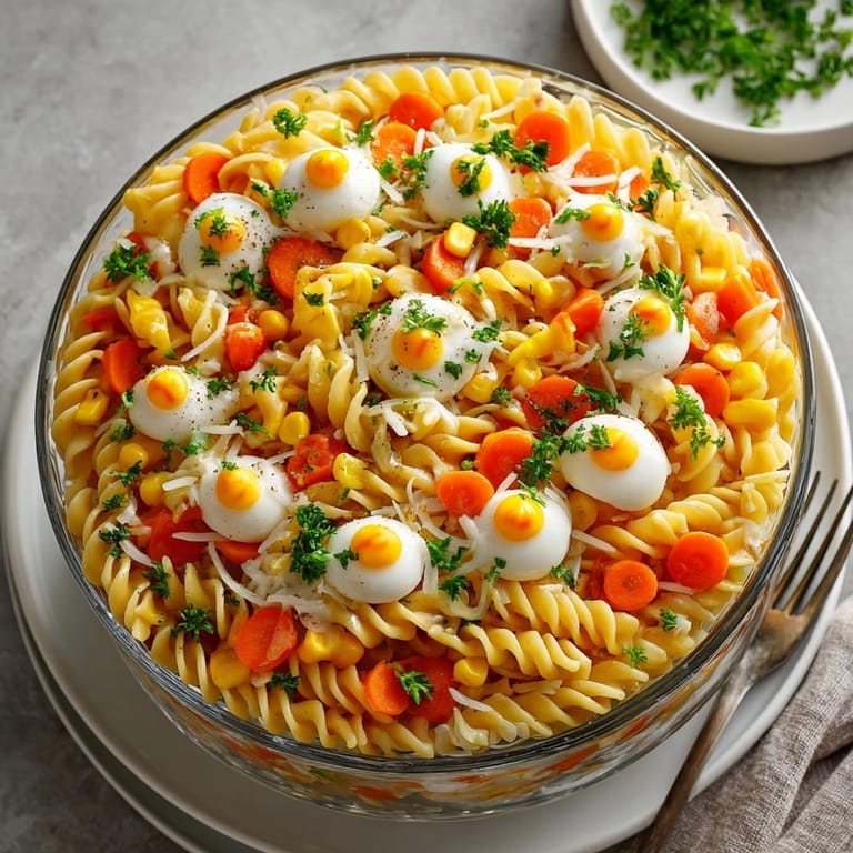 Bright orange, yellow, and white colors in this easy Halloween Candy Corn Pasta Salad ready to eat!
