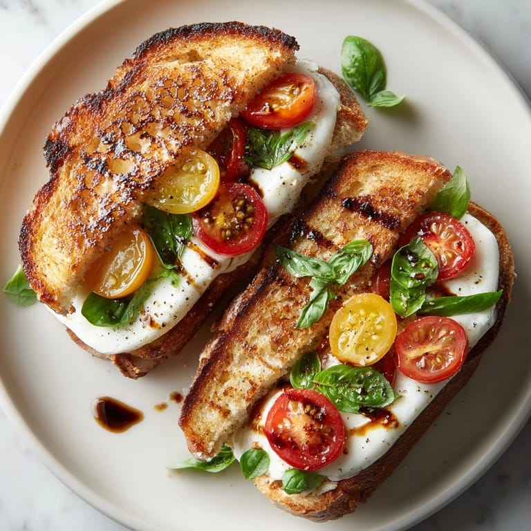 Imagine the melty mozzarella in this cherry tomato Caprese grilled cheese, a vibrant and flavorful Italian-American meal.