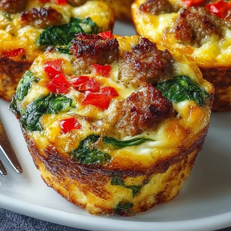 Golden-brown egg and sausage breakfast muffins with visible vegetables, perfect for meal prepping.