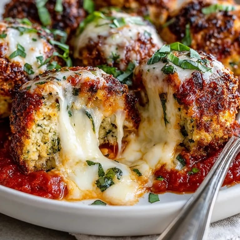 Golden-brown Chicken Parmesan Meatballs, rich tomato sauce, and melted cheese, ready to serve with basil.