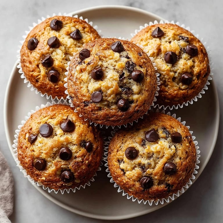 A close-up of moist chocolate chip banana bread muffins, showcasing the sweet, delicious chocolate.