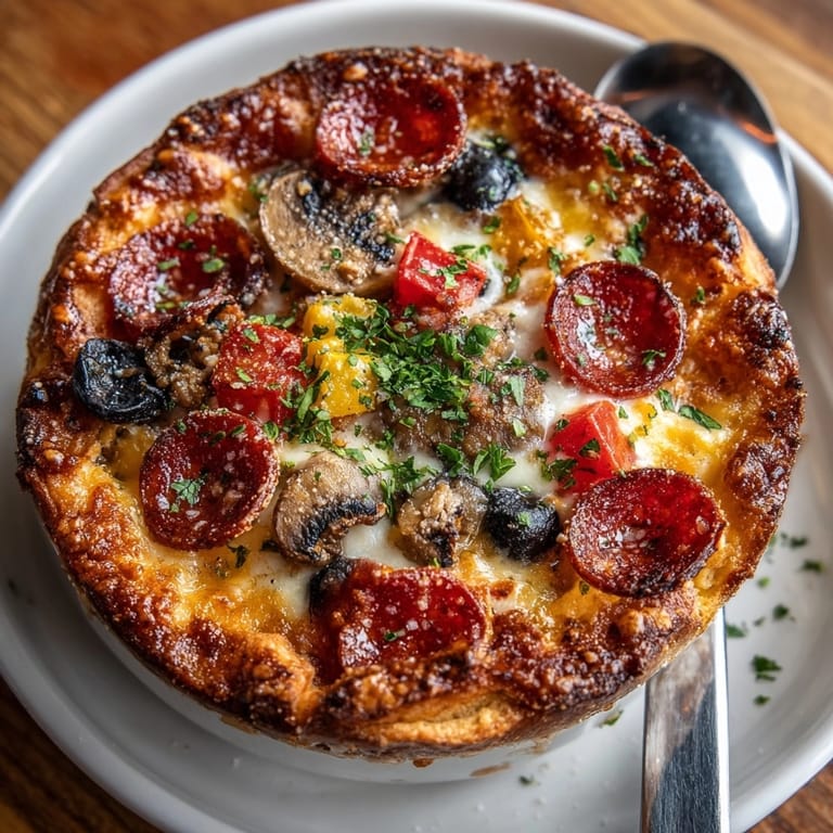 A delicious Pizza Pot Pie, brimming with toppings and baked to golden perfection.