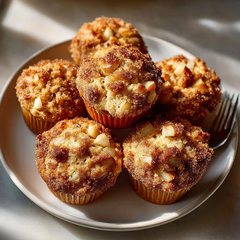 Cinnamon apple breakfast muffins bursting with juicy apple pieces and a sweet, spiced crumb topping.