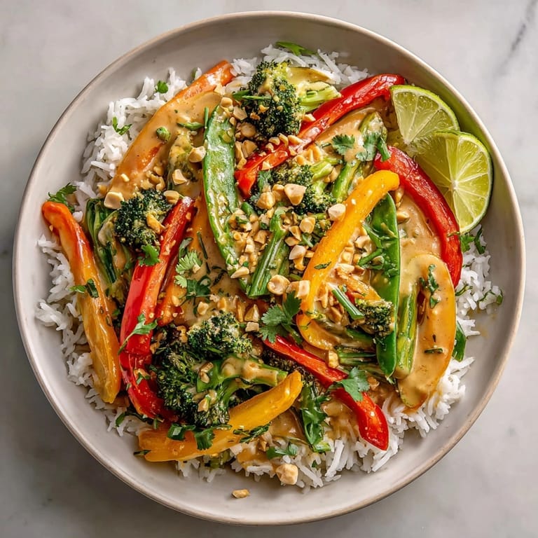 Steaming Thai Peanut Vegetable Stir-Fry plated with lime wedges, fresh herbs, and roasted peanuts.
