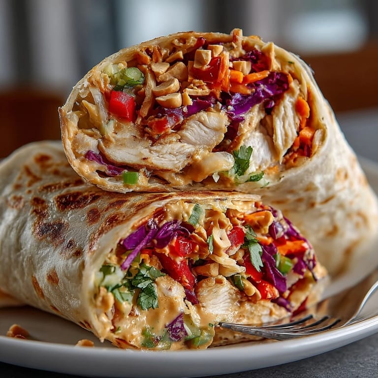 Close-up of Thai Peanut Chicken Wraps with Crunchy Vegetables drizzled in creamy peanut sauce, served with fresh lime wedges.
