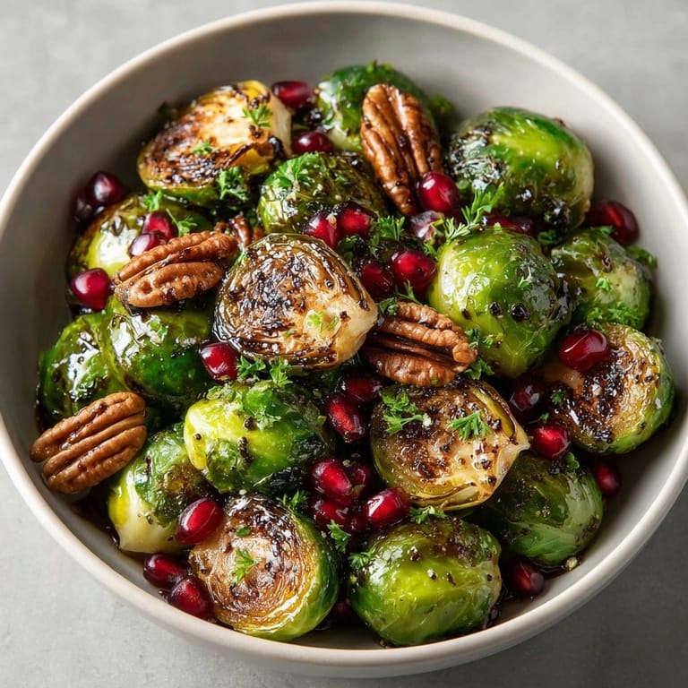 Close-up of crispy Brussels sprouts tossed in rich pomegranate glaze, sprinkled with nuts and herbs.