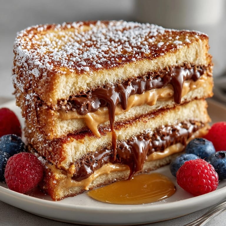 Golden Chocolate Peanut Butter French Toast stacked with fresh berries and drizzled with maple syrup.