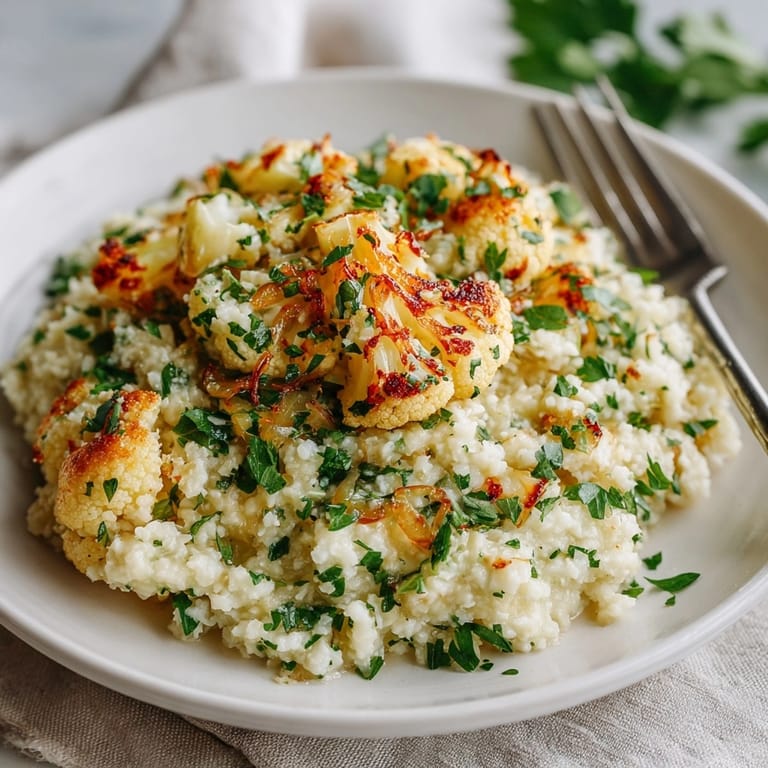 Creamy Garlic Parmesan Cauliflower Risotto served warm with melted cheese and golden cauliflower rice