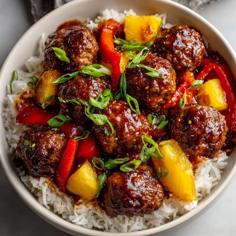 Juicy meatballs glazed in sweet and sour sauce, garnished with green onions for this Sweet and Sour Meatballs Recipe.