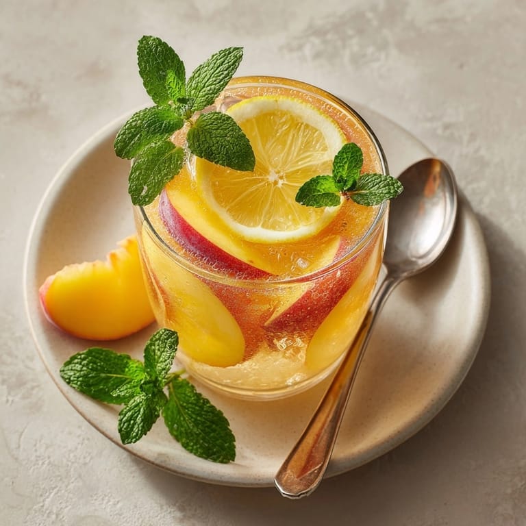 Refreshing homemade peach lemonade served in tall glasses, garnished with fresh mint and peach wedges.