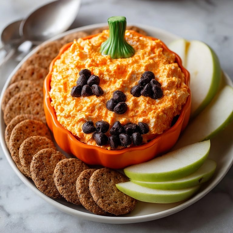 Homemade Jack-o&apos;-Lantern Cheesecake Dip: imagine rich pumpkin spice, perfect for dipping apples.