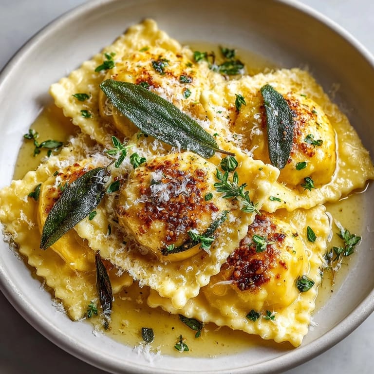 Handmade Butternut Squash Ravioli drenched in sweet sage butter, served with freshly grated parmesan.