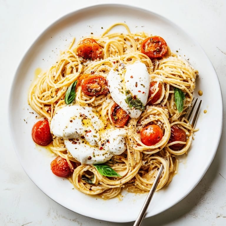 Homemade Burrata Caprese Pasta dish with al dente noodles, a quick vegetarian meal.