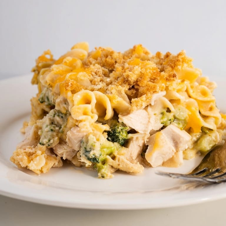 Close-up of a cheesy Broccoli Cheddar Chicken Noodle Casserole slice with tender chicken and noodles.