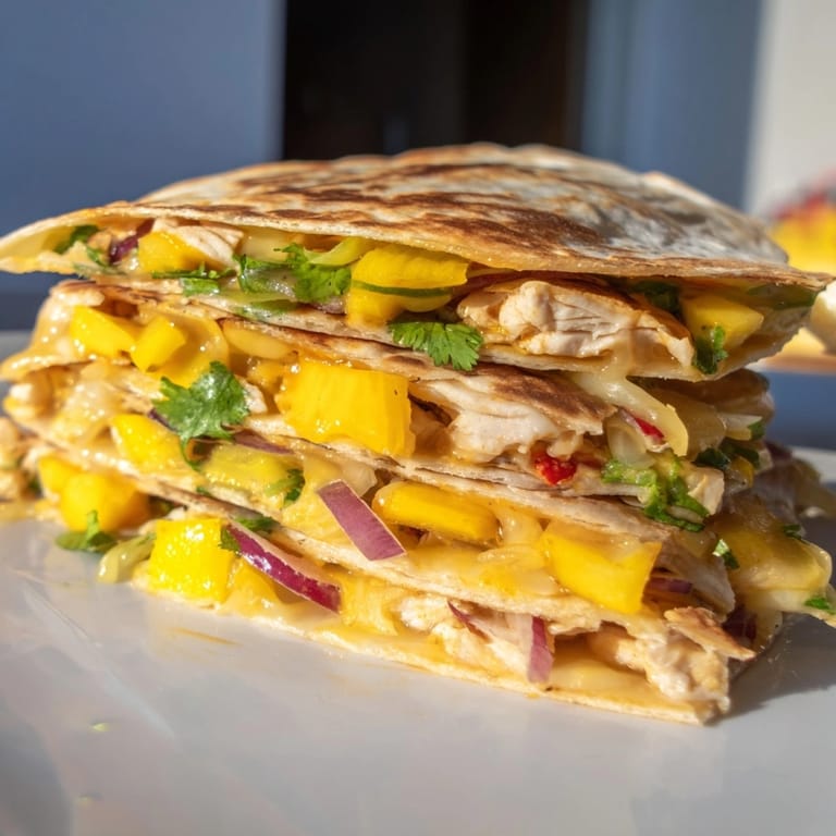 Close-up of sliced Mango Chipotle Chicken Quesadillas – a delicious, colorful, flavorful meal.