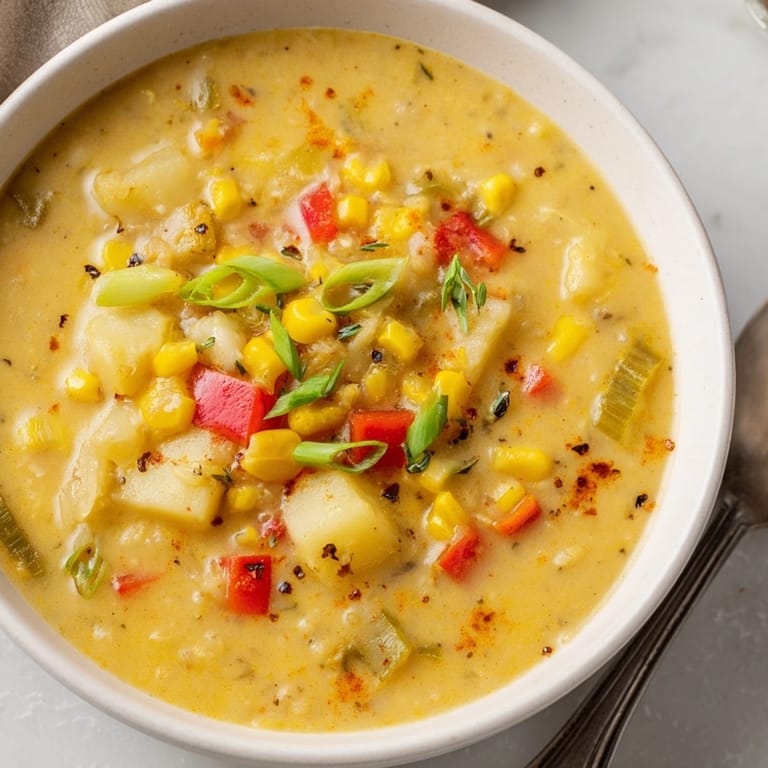 Warm bowl of Cajun Sweet Corn Potato Chowder steams, seasoned perfectly with Cajun spices.