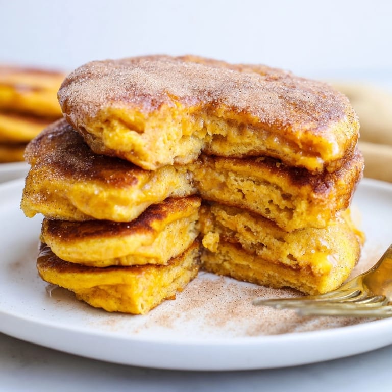 Warm, fluffy Cinnamon Sugar Sweet Potato Pancakes, ready to be topped with syrup.