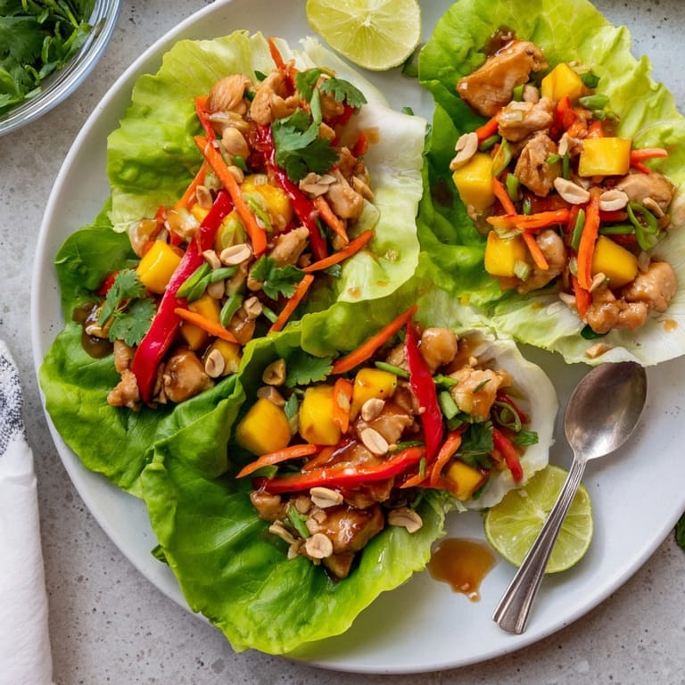 Sweet and spicy Mango Chili Chicken Lettuce Cups, ready for a delicious gluten-free lunch.