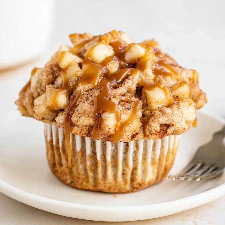 Deliciously spiced caramel apple kringle muffins topped with a smooth, glossy glaze.  