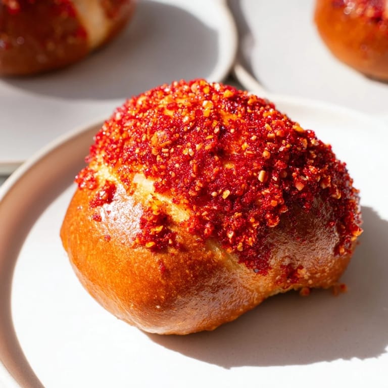 Warm pretzel rolls dusted with Flamin’ Hot seasoning, perfect for game day treats.  