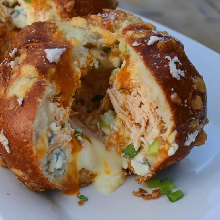 Appetizing buffalo chicken pretzel balls, ideal for game day gatherings or parties. 