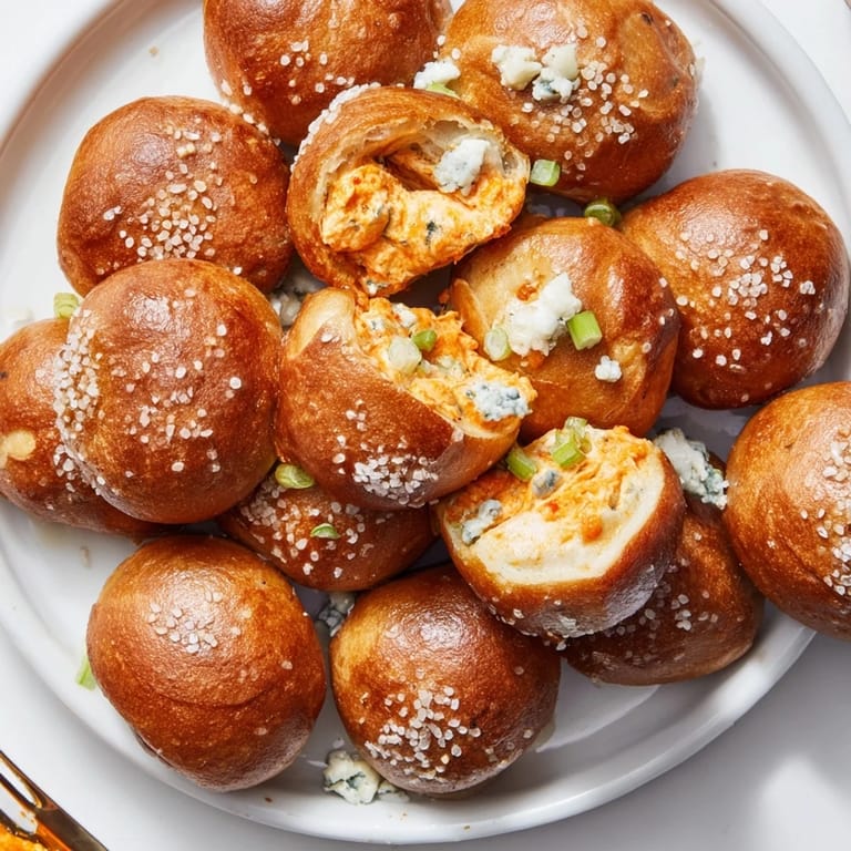 Golden pretzel balls bursting with spicy buffalo chicken and melted cheese for snacking fun.  