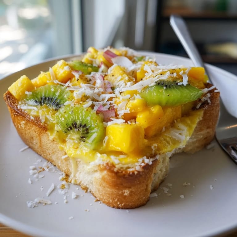 Deliciously vibrant Yogurt-Custard Toast, perfect for a tropical breakfast treat.  