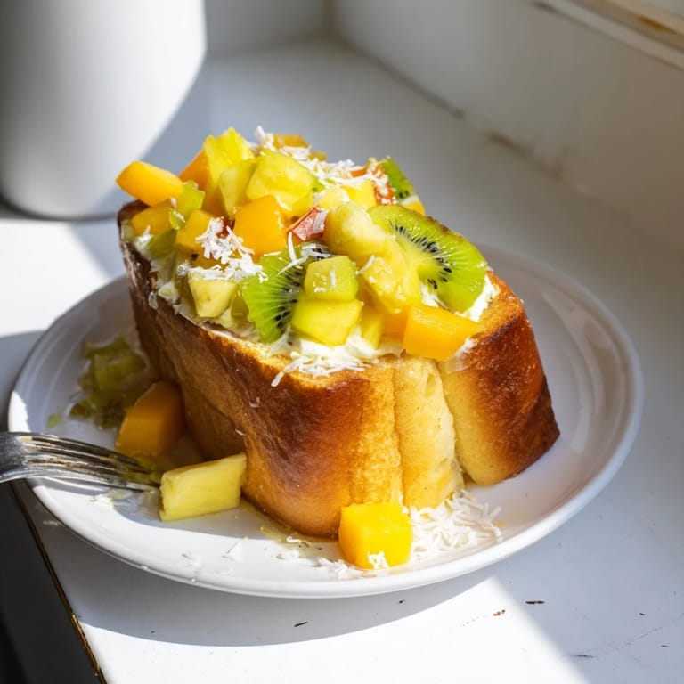Golden-baked Yogurt-Custard Toast drizzled with honey and topped with shredded coconut.