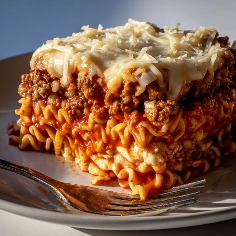 A mouthwatering Spicy Ramen Lasagna with rich meat sauce and creamy cheese topping.  