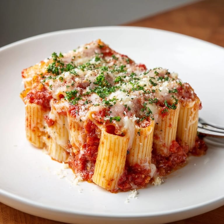 Warm honeycomb pasta cake topped with melted mozzarella, ideal for a family dinner.