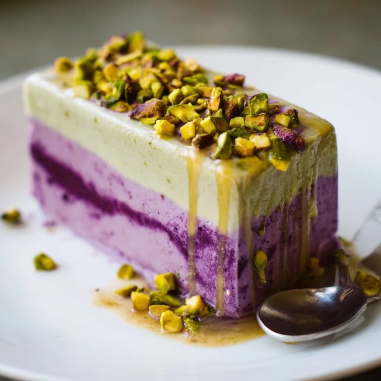 Delicious Ube & Pistachio Ice Cream Bars served on a sunny day, perfect for summer.  