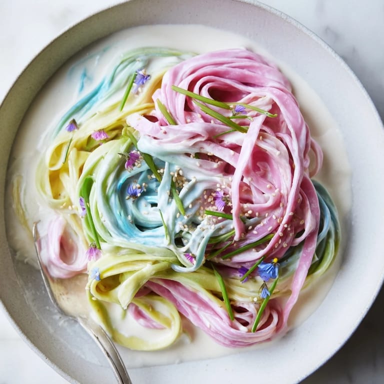 Vibrant Neon Noodle Cloud glistening in a whimsical creamy sauce, perfect for gatherings.  