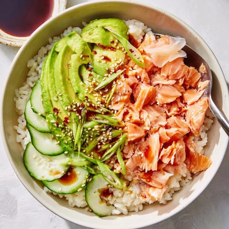Flavorful salmon and rice bowl featuring vibrant toppings like pickled ginger and scallions.