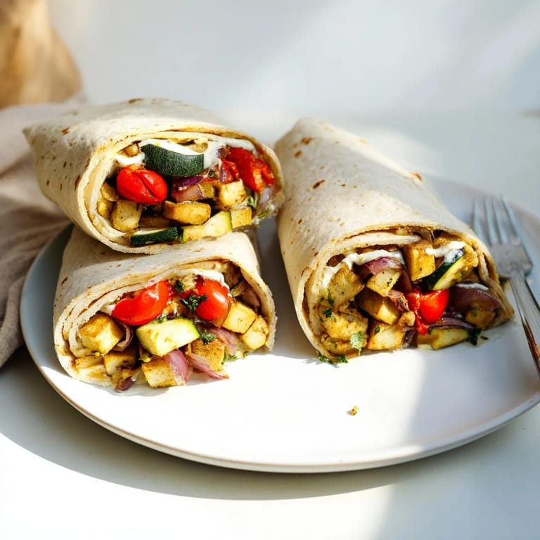 Colorful plant-based dish showcasing marinated tofu, drizzled with creamy tahini-yogurt sauce.  