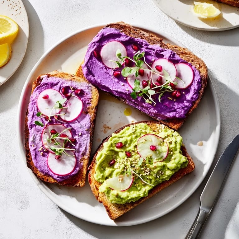 Colorful breakfast toasts showcasing ube spread and fresh ingredients for a lively morning.