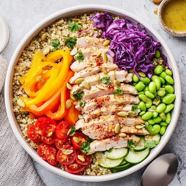 Healthy meal-prep bowls filled with quinoa, fresh vegetables, and zesty dressing drizzle.  