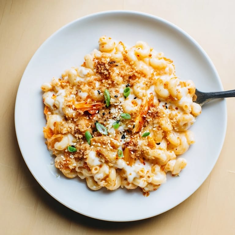 Mouthwatering Spicy Kimchi Mac & Cheese drizzled with sesame oil and fresh spring onions.