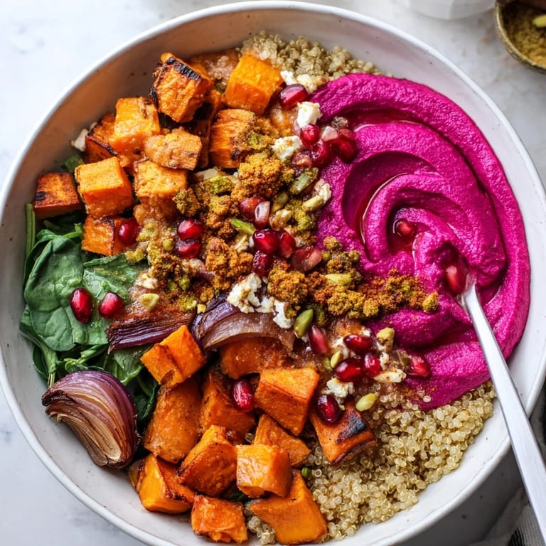 Colorful roasted winter vegetables in spiced winter bowls, garnished with pistachio crumble.  